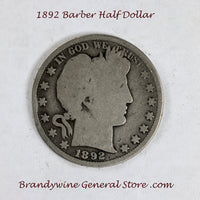 An 1892 Barber Half dollar in good condition for sale by Brandywine General Store the first year of Barber coinage