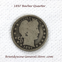 An 1897 Silver Barber Quarter for sale by Brandywine General Store, the coin is in good condition