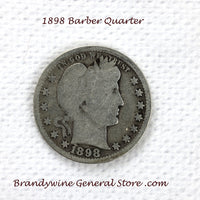 An 1898 Barber Quarter in good condition for sale by Brandywine General Store. This 25 cent coin contains .18084 oz of pure silver