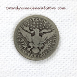A 1904 Barber Quarter in good condition for sale by Brandywine General Store. This 25 cent piece contains .18084 oz of pure silver reverse side