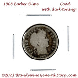 A 1908 Barber silver dime for sale by Brandywine General Store in good condition with nice dark toning
