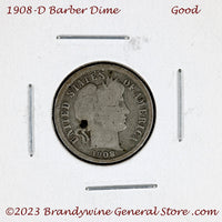 A 1908-D Barber silver dime in good condition for sale by Brandywine General Store