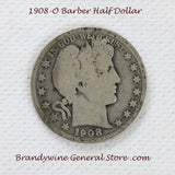 A 1908-O Barber Half dollar coin for sale by Brandywine General Store in about good - good condition