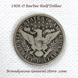A 1908-O Barber Half dollar coin for sale by Brandywine General Store in good plus condition reverse of coin