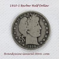 A 1910-S Barber Half dollar coin in good condition for sale by Brandywine General Store