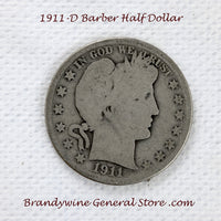 A 1911-D Barber Half dollar coin in good condition for sale by Brandywine General Store