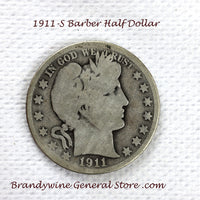 A 1911-S Barber Half dollar coin in good condition for sale by Brandywine General Store