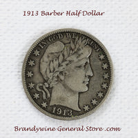 A 1913 Barber Half dollar coin in fine condition for sale by Brandywine General Store a key coin to the series