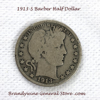 A 1913-S Barber Half dollar coin in good condition for sale by Brandywine General Store