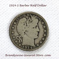 A 1914-S Barber Half dollar coin in very good condition for sale by Brandywine General Store