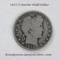 A 1915-D Barber Half dollar coin in good condition for sale by Brandywine General Store
