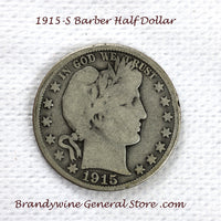 A 1915-S Barber Half dollar coin in good plus condition for sale by Brandywine General Store