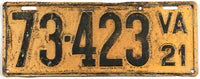 An antique 1921 Virginia Passenger Car License Plate for sale by Brandywine General Store