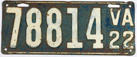 An antique 1922 Virginia Passenger Car License Plate for sale by Brandywine General Store