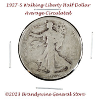 A 1927-S Walking Liberty Half Dollar coin in average circulated condition for sale by Brandywine General Store