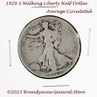 A 1929-S Walking Liberty Half Dollar coin in average circulated condition for sale by Brandywine General Store