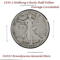 A 1934-S Walking Liberty Half Dollar coin in average circulated condition for sale by Brandywine General Store