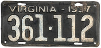 An antique 1937 Virginia car license plate for sale by Brandywine General Store