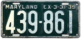 An antique 1939 Maryland Passenger Car License Plate, in very good condition with slight bend