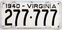 An antique 1940 Virginia car license plate for sale by Brandywine General Store in very good condition with lucky 7s registraion number of 277-777