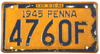 An antique 1945 Pennsylvania car License Plate for sale by Brandywine General Store in very good minus condition