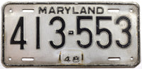 An antique 1948 Maryland car license plate for sale by Brandywine General Store in very good minus condition