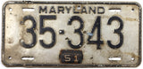 A 1951 Maryland car license plate with extra hole in good plus condition