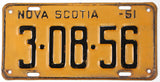 Vintage Nova Scotia license plate from 1951 with black text on a yellow background