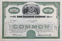 A 1952 Erie Railroad Company stock certificate for five common shares for sale by Brandywine General Store