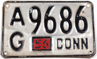An antique single 1956 Connecticut passenger car license plate for sale by Brandywine General Store in very good condition with metal cutout tab