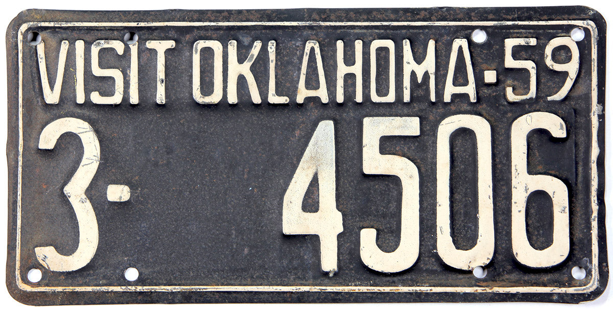 Vintage license plate with 'Visit Oklahoma 59' text and number '3-4506'.