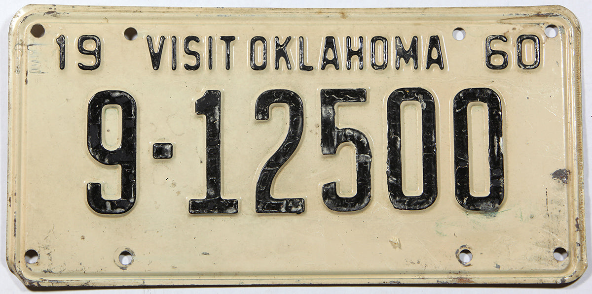 A classic 1960 Oklahoma car license plate in very good minus condition