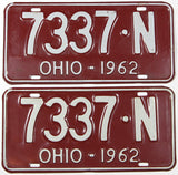 A pair of 1962 Ohio car license plates available for sale by Brandywine General Store in very good condition