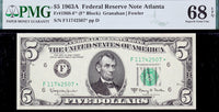 A FR #1968-F* series of 1963A five dollar federal reserve star note from Atlanta for sale by Brandywine General Store in superb gem uncirculated condition