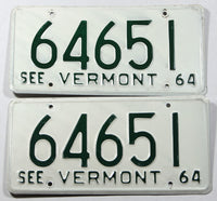A classic pair of 1964 Vermont Passenger Car License Plates for sale at Brandywine General Store in very good plus condition