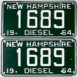 Pair of New Hampshire diesel license plates with the number 1689, dated 1964.