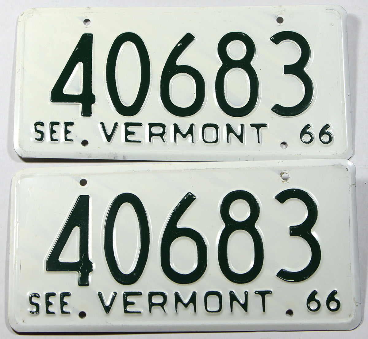 A classic pair of 1966 Vermont Passenger Car License Plates for sale at Brandywine General Store in excellent minus condition
