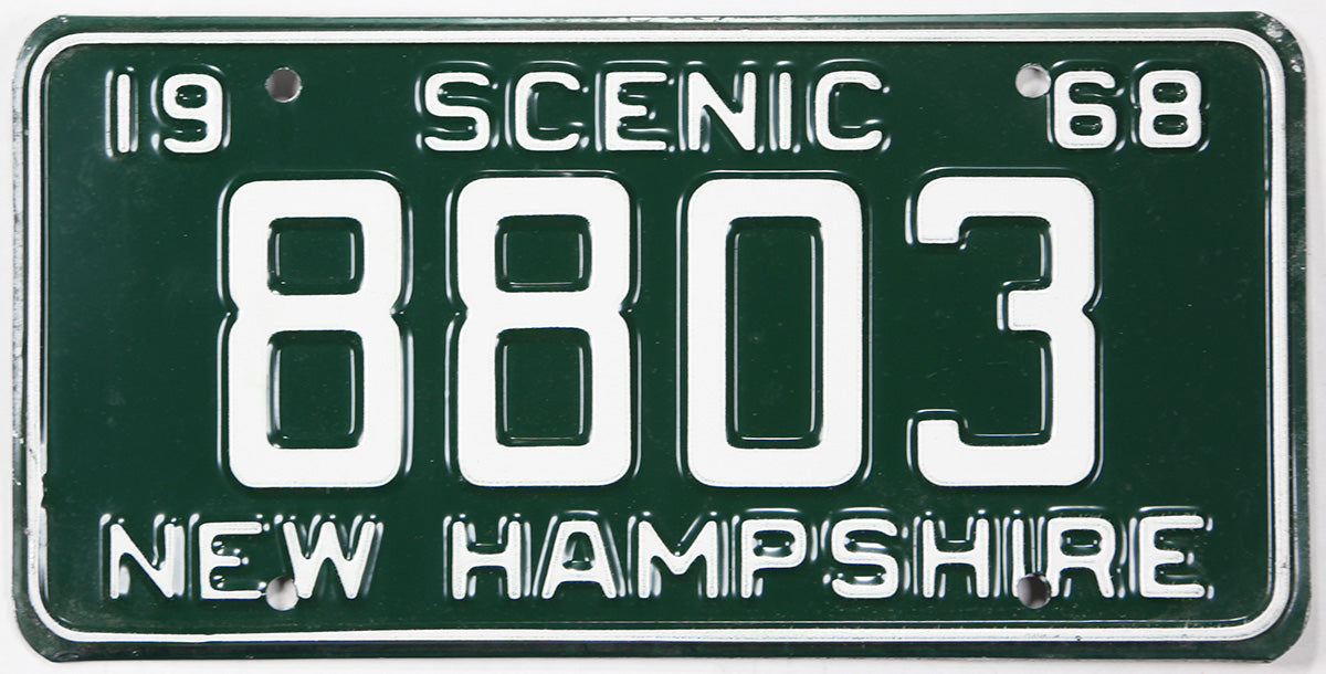 Vintage New Hampshire license plate from 1968 with 'Scenic' and 'New Hampshire' text.