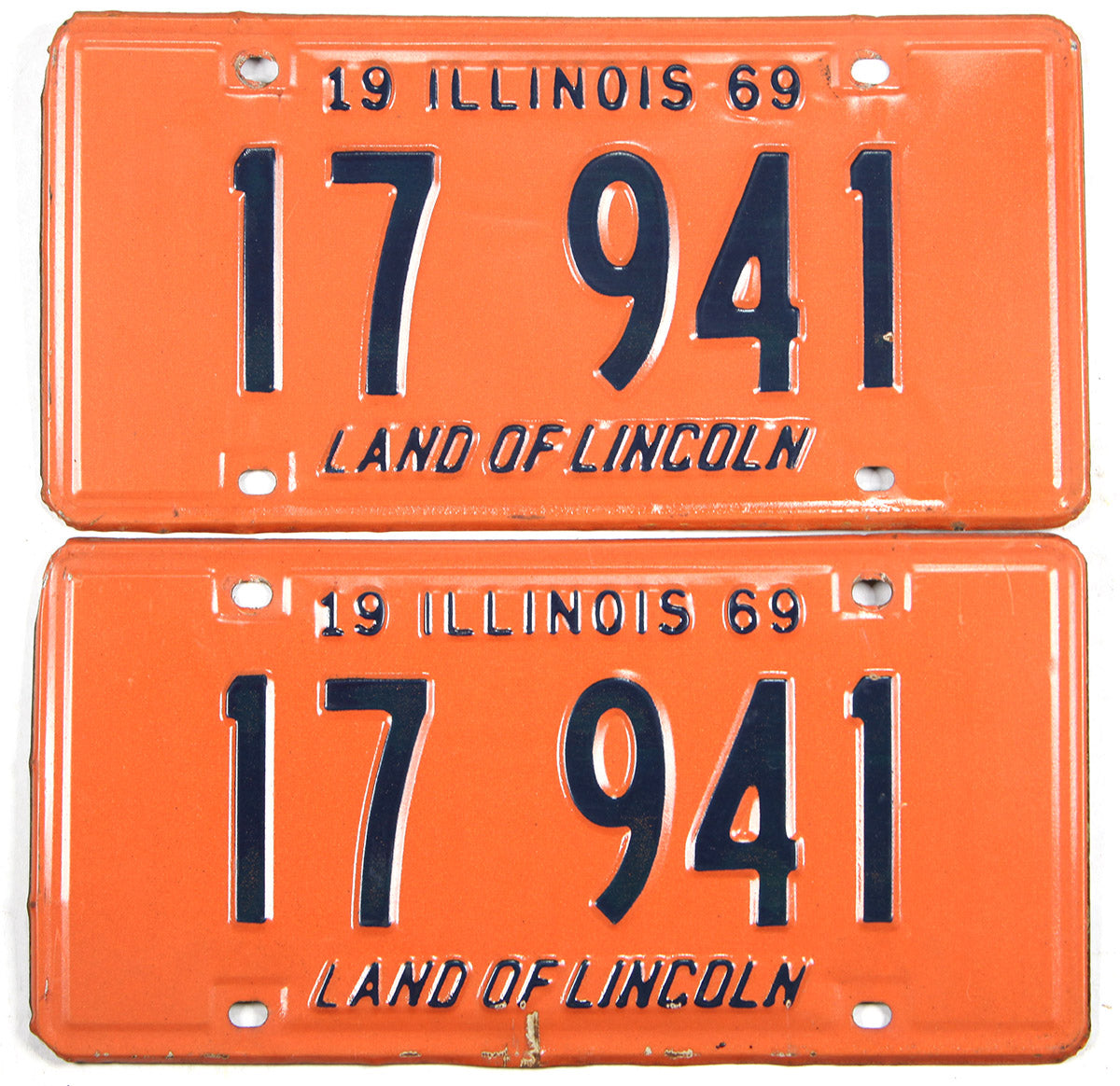 A Pair of classic 1969 Illinois Car License Plates for sale at Brandywine General Store in very good plus condition