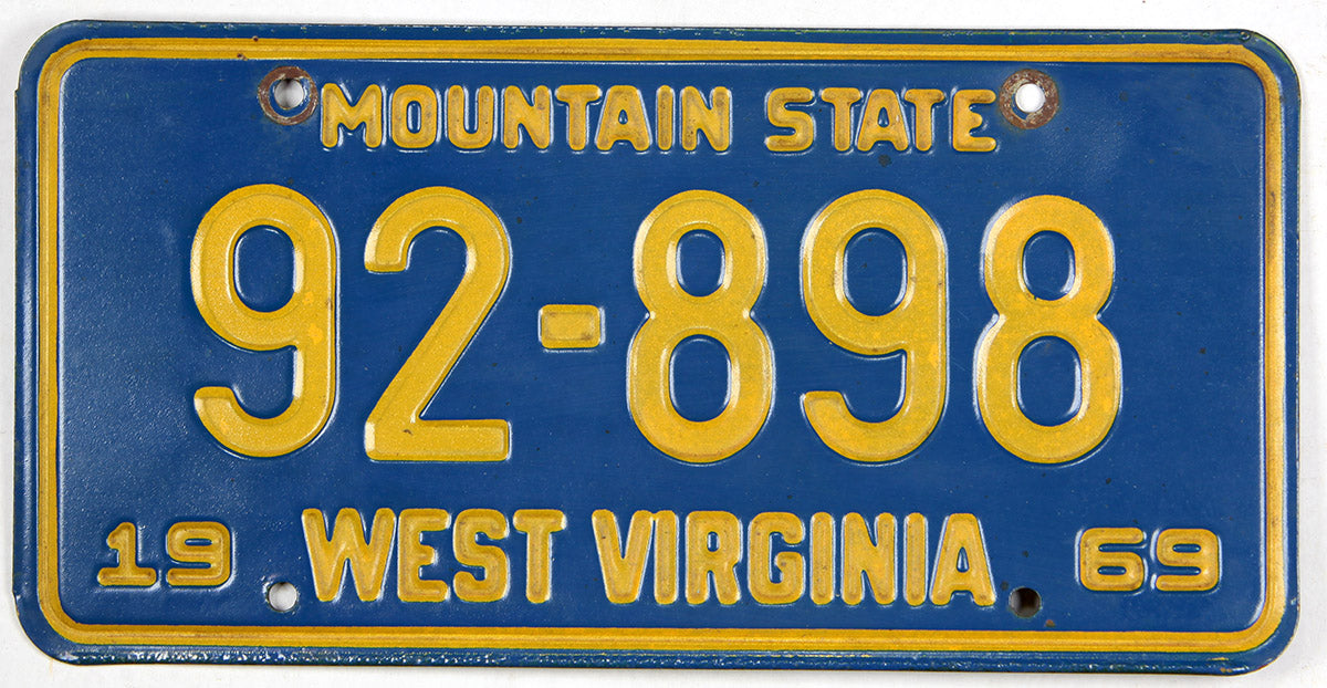 A vintage 1969 West Virginia Passenger Car License Plate for sale by Brandywine General Store in excellent minus condition