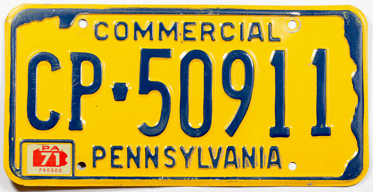 A classic 1971 Pennsylvania Commercial License Plate for sale by Brandywine General Store in very good plus condition