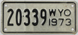 A classic 1973 Wyoming motorcycle license plate for sale by Brandywine General Store County #20