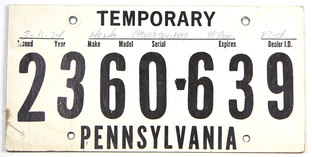 1974 Pennsylvania Temporary License Plate Brandywine General Store