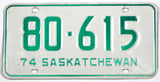 A classic 1974 Saskatchewan Canada passenger car license plate for sale by Brandywine General Store in very good plus condition