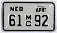 A classic 1991 Nebraska motorcycle license plate for sale by Brandywine General Store in excellent condition