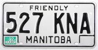 A classic 1992 Manitoba Canada passenger car license plate for sale at Brandywine General Store in excellent condition