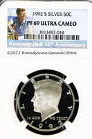 A beautiful 1992-S Kennedy Silver half dollar proof coin that has been professionally graded by Numismatic Guaranty Corporation or NGC at Proof 69 Ultra Cameo