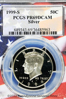 A beautiful 1999-S Kennedy Silver half dollar proof coin that has been professionally graded by PCGS at Proof 69 Deep Cameo