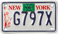 A 2000 New York motorcycle license plate for sale at Brandywine General Store