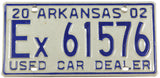 A 2002 Arkansas used car dealer license plate for sale by Brandywine General Store in excellent minus condition